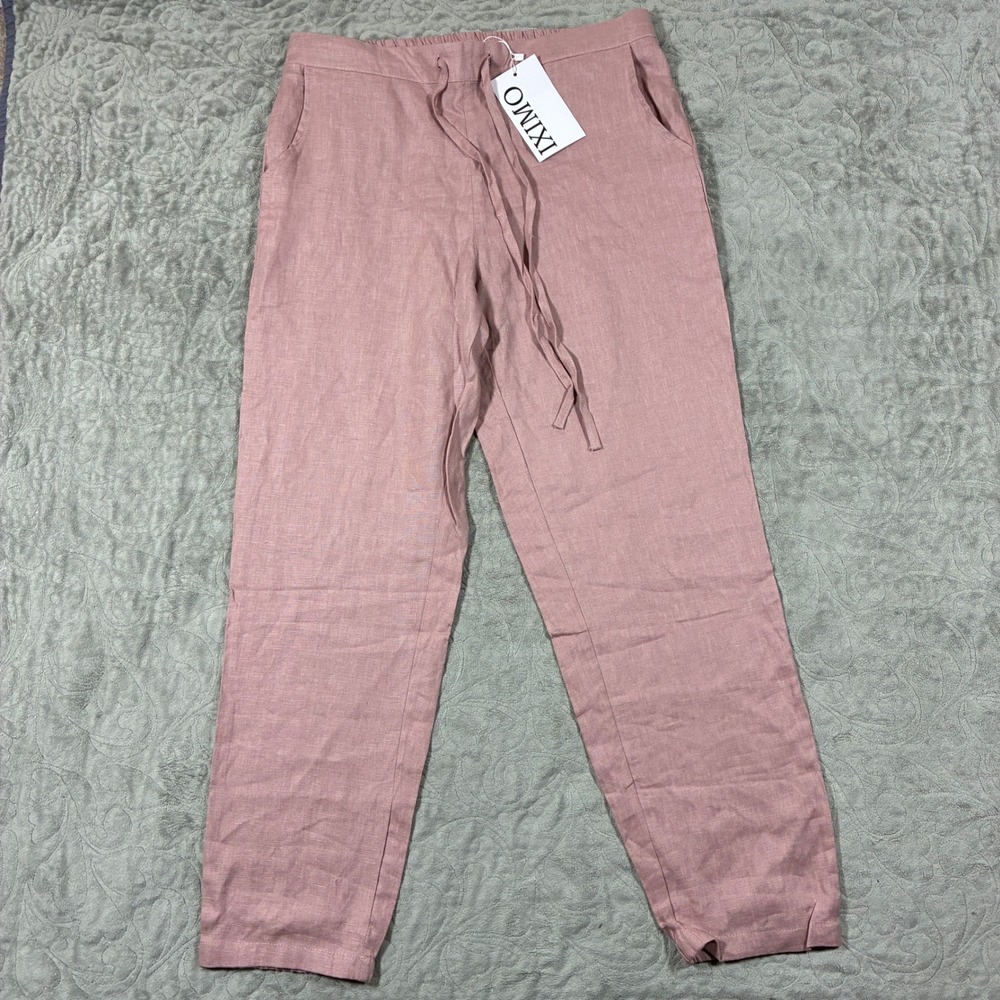 IXIMO Womens 100% Linen Tapered Jogger Pants Size L Dusty Pink Lagenlook Coastal